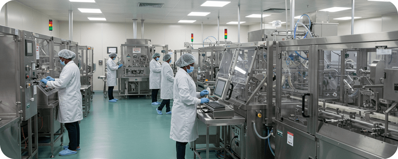 Factory workers operating pharmaceutical manufacturing equipment